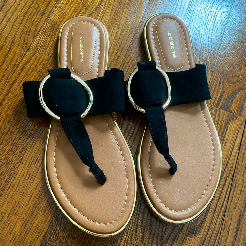 Liz Clairborne Calayan Sandals Black 8M Slide-On Shoes Flip Flops - Gold Accents